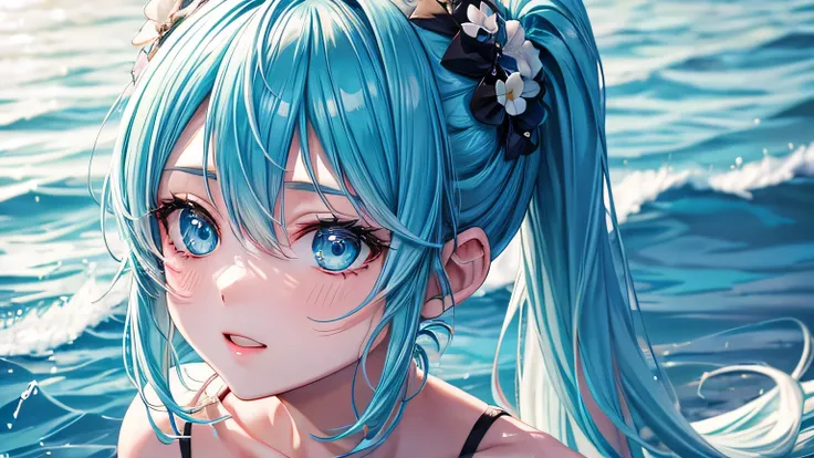 miku hatsune : 1.3, Blue Hair: 1.2, , Daytime: 1.2,in the sea: 1.1, Cinema Lighting, Ultra-high resolution, Accurate, Super detailed, Textured skin, High detail, highest quality, 8k,Thin bangs, (Colorful splashes),(The Shining), Upper Body,Thick body, Well...