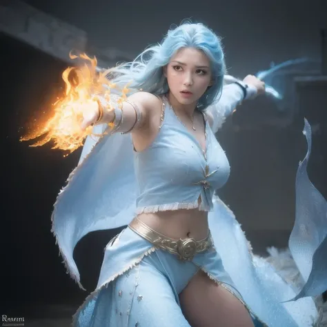 there is a woman with blue hair and a white dress holding a fire, ice sorceress, the sorceress casting a fireball, fantasy character photo, casting fire spell, (octane render) fantasy style, ice and fire, a sorceress casting a ice ball, realistic fantasy r...