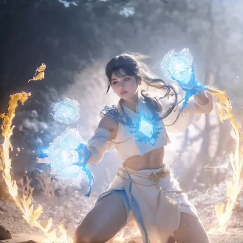 arafed(((perfect college student))) in a white outfit holding a blue fire, the sorceress casting a fireball, female mage conjuri...