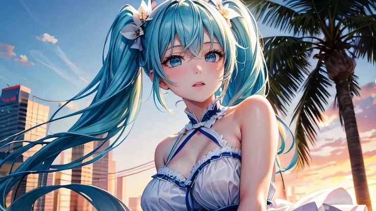 miku hatsune : 1.3, Blue Hair: 1.2, , Daytime: 1.2,In the summer town: 1.1, Cinema Lighting, Ultra-high resolution, Accurate, Super detailed, Textured skin, High detail, highest quality, 8k,Thin bangs, (Beautiful sky),(The Shining), Upper Body,Thick body, ...