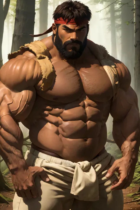 ryu, hotryu, 1guy, beard, (bara pecs: 1.4), hairy chest, brown robe, golden ring, brown cloth, headband ,(white pants:1.1), detailed eyes, oily skin, serious expression, crotch bulge, medium shot, highres, sharp picture, forest, intricate details, handsome...