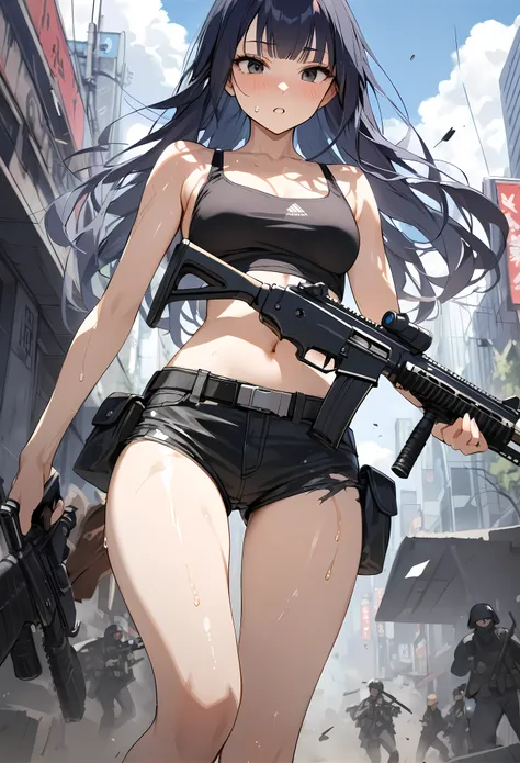 Action Scenes、Urban Warfare、Gunfight、((masterpiece, highest quality:1.3)),cowboy shot,20 year old beauty,solo,((very small head)),dark blue hair,long hair,black eyes,blunt bangs,medium breasts,((long body,slender body)),skinny,shiny skin,oily skin,sweat,Bl...