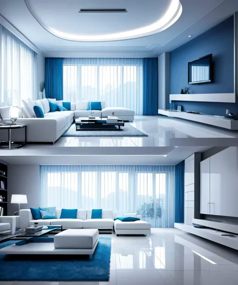 Modern living room featuring white sectional sofas adorned with blue and white accent pillows. A fluffy blue area rug covers the floor. There is a glass coffee table with decorative items placed on top. Large windows with sheer white curtains and blue drap...