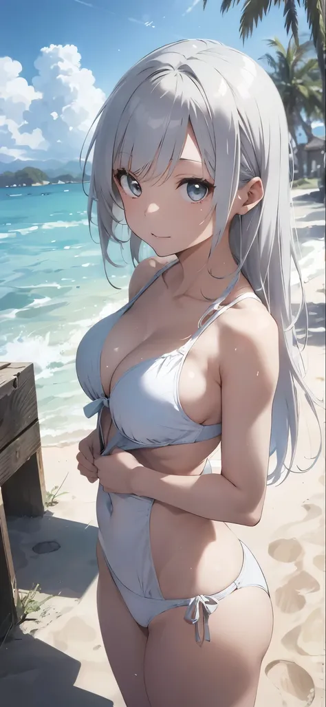 Silver-haired girl drawn in high resolution Japanese anime style、A group of women in white bikinis taking photos on a deserted beach, Bikini Model, , A young and cute gravure idol, Posing together in bras, Russian and Japanese mix, sakimichan, Asian woman,...