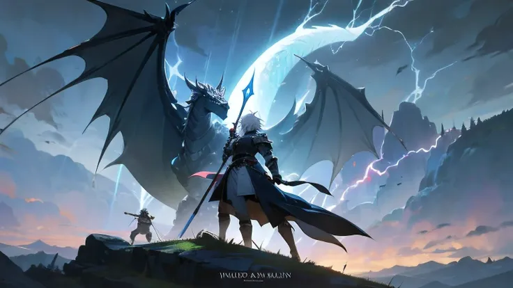 epic fantasy medieval landscape, detailed anime knight, powerful dragon, knight holding lightning sword, dramatic action scene, cinematic lighting, vibrant colors, award winning digital art