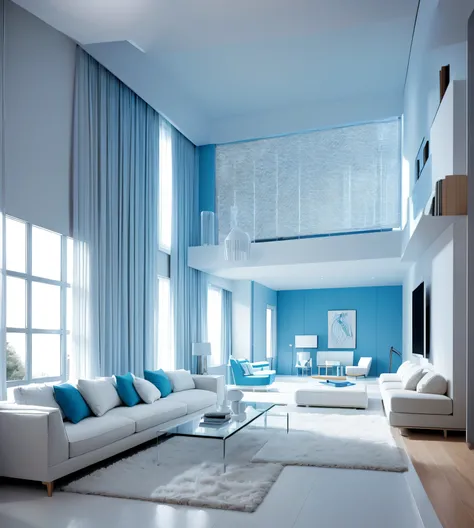 Modern living room featuring white sectional sofas adorned with blue and white accent pillows. A fluffy blue area rug covers the floor. There is a glass coffee table with decorative items placed on top. Large windows with sheer white curtains and blue drap...