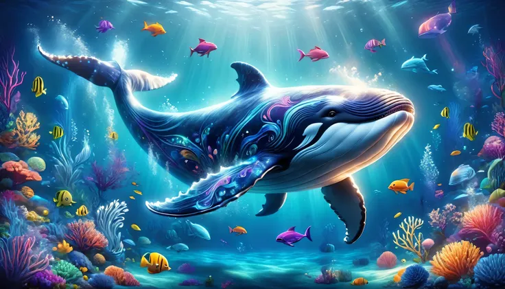 "create a background with a colorful and enchanting scene featuring vibrant characters and imaginative elements. show a whale in...