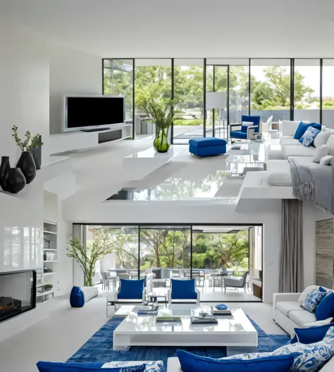 modern living room featuring white sectional sofas adorned with blue and white accent pillows. a fluffy blue area rug covers the...