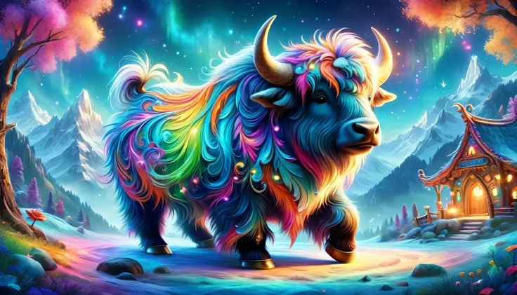 Create a background with a colorful and enchanting scene featuring vibrant characters and imaginative elements. Show a yak with shaggy fur, in the mountains embrace. Include whimsical details and a magical atmosphere to captivate and delight kids."