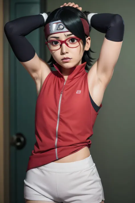 1 girl, standing, beautiful Sarada Uchiha, 18 years old, Cups, Black thighs, arm warmers, forehead protector, shorts, short hair, big chest, black eyes wearing glasses, small hips, big ass, capture anime screen, Sarada is 18 years old, mature appearance,ar...