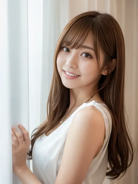 A beautiful Japanese shy girl, age 18 years old, brown hair, brown big eyes, shiny lip, shiny hair, ecstatic expression, wearing string strap sleeveless white blouse, The background is very blurry, in front of huge window with white curtain,  wearing neckl...