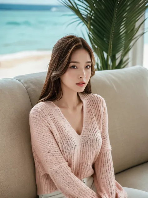 Cinematic photography, 1 beauty: 1.2, Pale pink sweater, White pants, Brown medium hair, Highly detailed face, Sitting on a white sofa, background: Sea Resort, Body facing forward, West Shot,