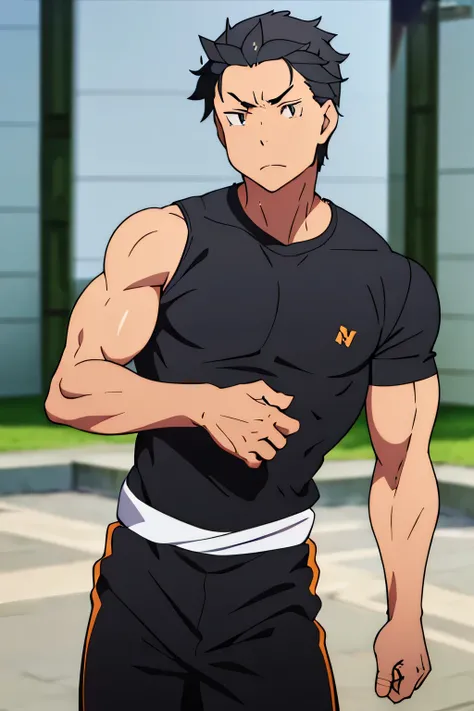 Subaru is flexing his biceps. He wears black shorts. You can see his thighs. He looks stoic and serious. He has bulging veins on his arms. He wears a black tshirt with short sleeves. His sleeve is completely rolled up so you can see his entire arm and shou...