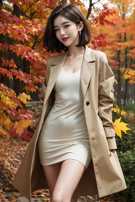 best quality, 4K, 8K, detailed face, clear face, full body shot，Beautiful girl, korean makeup, red lips, Laughing, perfect body,short hair that reaches shoulder length,small,Leg length,slim,thin, girl wearing a long and wide coat, There is a dress under th...