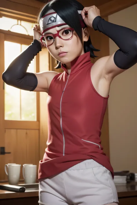 1 girl, standing, beautiful Sarada Uchiha, 18 years old, Cups, Black thighs, arm warmers, forehead protector, shorts, short hair, big chest, black eyes wearing glasses, small hips, big ass, capture anime screen, Sarada is 18 years old, mature appearance,ar...