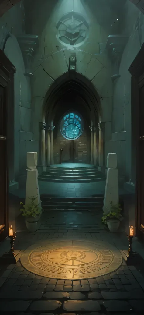 Chamber of secrets scene，Stone Pillar，Door，Magic Circle,flame