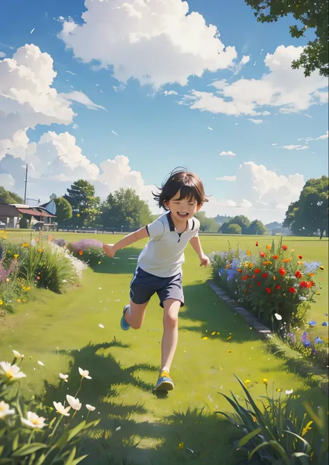 Happy child running on the grass，Tree-lined，Flowers all over the ground