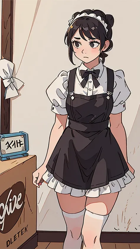 ((（Perfect）))((（one maid）))Lace headband，long hair bun，Maid overalls，Rainbow Silk Bow Tie，Short sleeves with tight cuffs，apron，Short skirt，Thigh exposed 20cm，Black high-tops over the knee，leather shoes，Facial expression puzzled