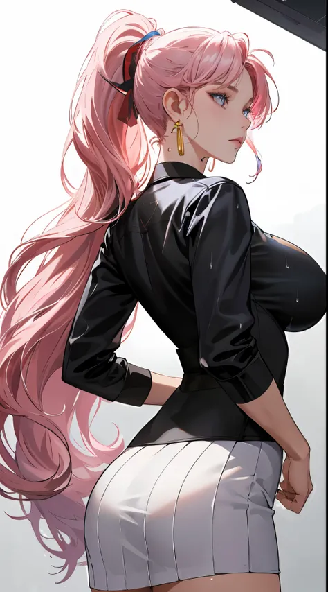 (best quality:1.5, highres, UHD, 4K, detailed lighting, shaders), Pink haired, gradient hair, large breasts, transparent suit, Length hair, ponytail hair, transparent gray shirt, transparent social shirt, transparent short skirt, mature woman , (pov), whit...