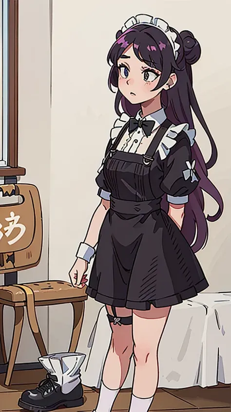 ((（Perfect）))((（one maid）))Lace headband，long hair bun，Maid overalls，Rainbow Silk Bow Tie，Short sleeves with tight cuffs，apron，Short skirt，Thigh exposed 20cm，Black high-tops over the knee，leather shoes，Facial expression puzzled