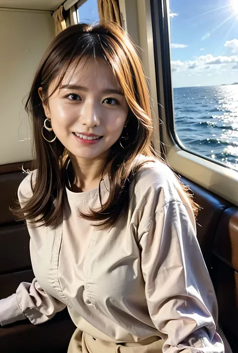 Side Ponytail、Brown Hair、The sky was dyed red、A woman in a cute outfit is sitting on a boat and watching the sunset、Her huge breasts are obvious even through her clothes.、The shining sun is so beautiful、Dusk is coming、Lens flare、I can see the sun setting、（...