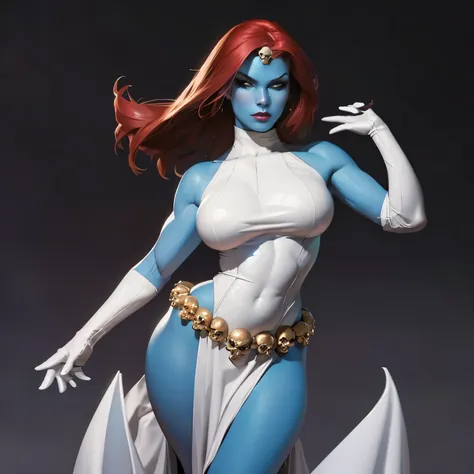 A seductive and alluring figure of Mystique, with ample curves and voluptuous proportions, showcasing a fit and toned physique.her figure are accentuated by a low-cut, form-fitting bodysuit or costume. The intriguing enchantress radiates an irresistible ch...