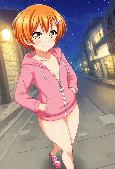 Masterpiece, best quality, Hoshizora rin, orange hair, yellow eyes,solo, looking_at_another, blush, short_hair, long_sleeves, collarbone, yellow_eyes, hair ornaments, hands in pocket, village street, hood, bare_legs, pink hoodie, standing, hood_down, zippe...