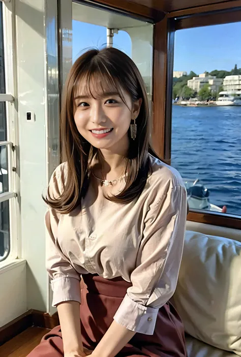 Side Ponytail、Brown Hair、The sky was dyed red、A woman in a cute outfit is sitting on a boat and watching the sunset、Her huge breasts are obvious even through her clothes.、The shining sun is so beautiful、Dusk is coming、Lens flare、I can see the sun setting、（...