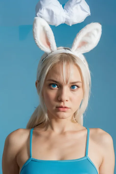 White bunny, angry face, blue background