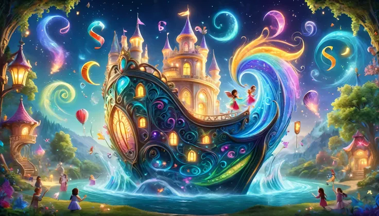 create a fantastical and captivating background scene bursting with color and enchantment, perfect for kids. show vibrant, imagi...