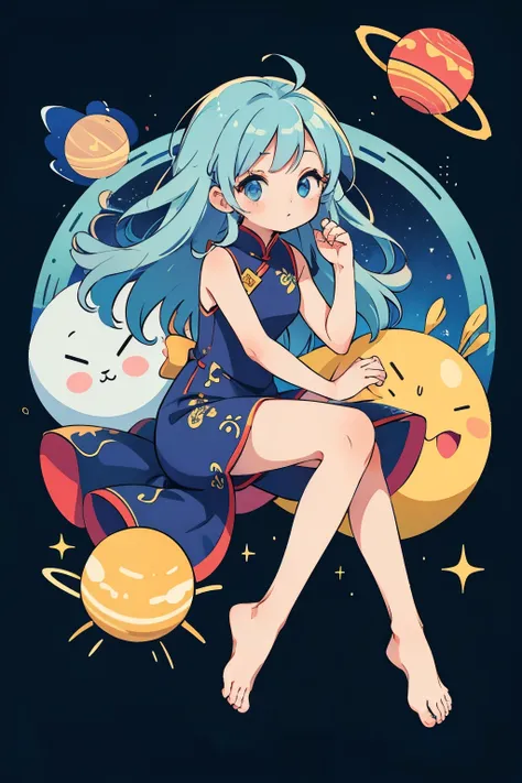 ((highest quality)), ((masterpiece)), (detailed), Perfect hands,Perfect legs,Perfect FingersCreate an anime-style image of a cute yet mature 14-year-old girl in a chibi (deformed) style with a gravity and planetary theme, against a plain white background. ...