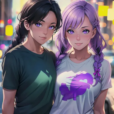 young couple(1 male, 1 woman with purple and white gradient double braids) ,fashion,clear,enhanced details,t-shirt,jeans,smiling...