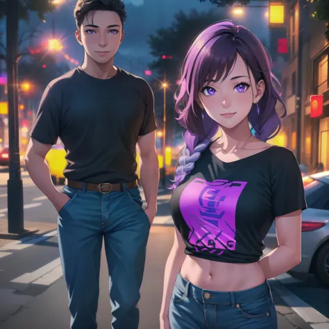 young couple(1 male, 1 woman with purple and white gradient double braids) ,fashion,clear,enhanced details,t-shirt,jeans,smiling...