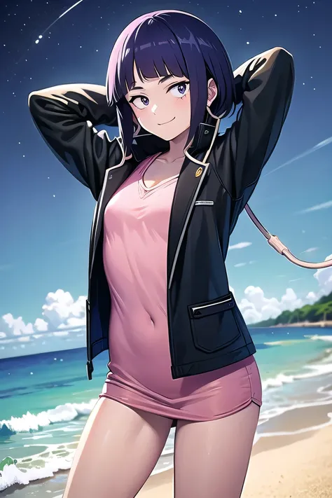 masterpiece, best quality, 1girl, pink shirt, black jacket, jirou, looking at viewer, solo, contrapposto, spread armpit, arms be...