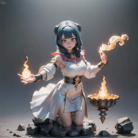 there is a girl with blue hair and a white dress holding a fire, ice sorceress, the sorceress casting a fireball, fantasy character photo, casting fire spell, (octane render) fantasy style, ice and fire, a sorceress casting a ice ball, realistic fantasy r...