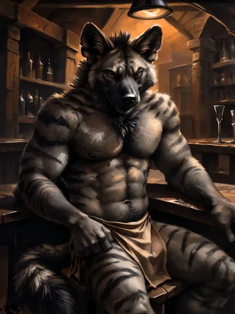 (striped hyena), (solo), male, anthro, (by Blotch, by kenket), (tail:1.3), loincloth, (perfect hands), (mean expression), (dark tavern background, inside, gloomy, dark lighting, powerful silhouette, mysterious shadows, night scene), realistic shading, (epi...