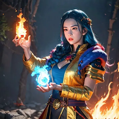 there is a girl with blue hair and a white dress holding a fire, ice sorceress, the sorceress casting a fireball, fantasy character photo, casting fire spell, (octane render) fantasy style, ice and fire, a sorceress casting a ice ball, realistic fantasy r...