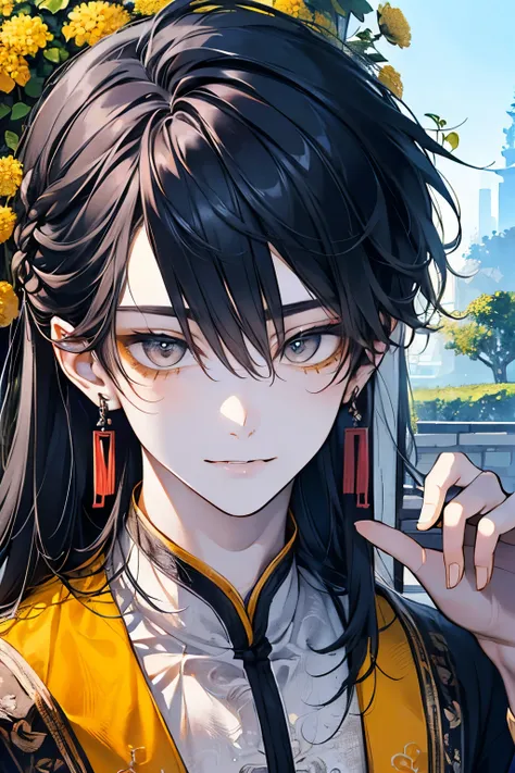 ((17years old man:1.2)), masterpiece, best quality, braid hair, black hair, (portrait), shiny gray eyes, white hanfu dress, palace,outdoors, garden, perfect hands,(yellow),looking front,((Large and gorgeous earrings:1.1)),smile,((He is reaching out his han...