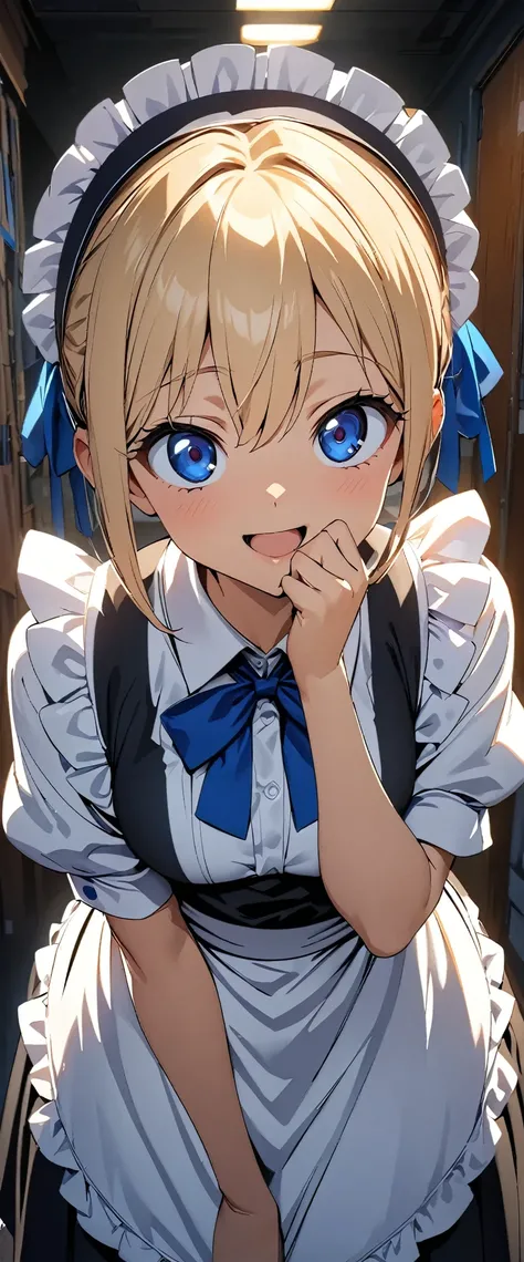 (highest quality:1.2, 4K, 8k, Studio Anime, Very detailed, up to date, Vibrant, High detail, High Contrast, masterpiece:1.2, highest quality, Best aesthetics), (((1 girl))), Leaning forward, Looking up, Maid, Maid服, Blue Ribbon, Frills, Open your mouth sli...