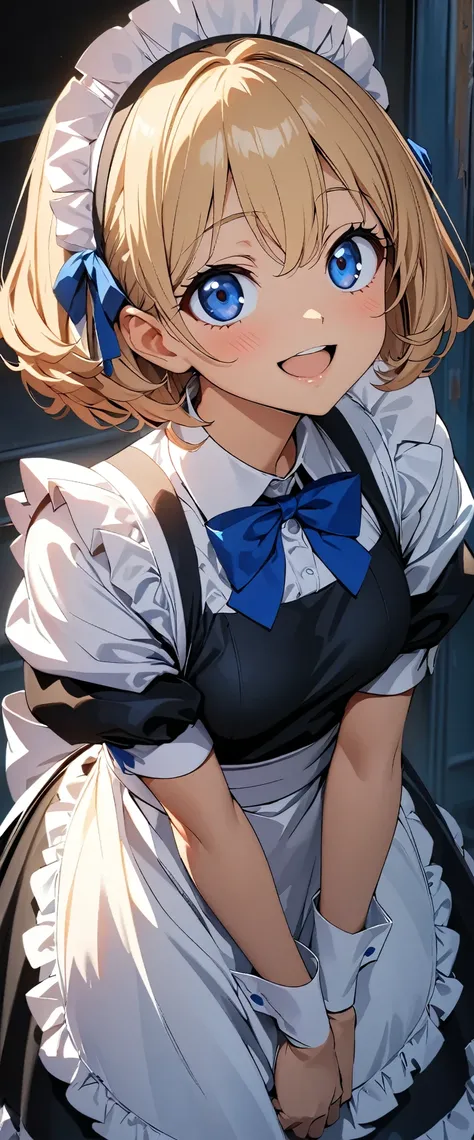 (highest quality:1.2, 4K, 8k, Studio Anime, Very detailed, up to date, Vibrant, High detail, High Contrast, masterpiece:1.2, highest quality, Best aesthetics), (((1 girl))), Leaning forward, Looking up, Maid, Maid服, Blue Ribbon, Frills, Open your mouth sli...