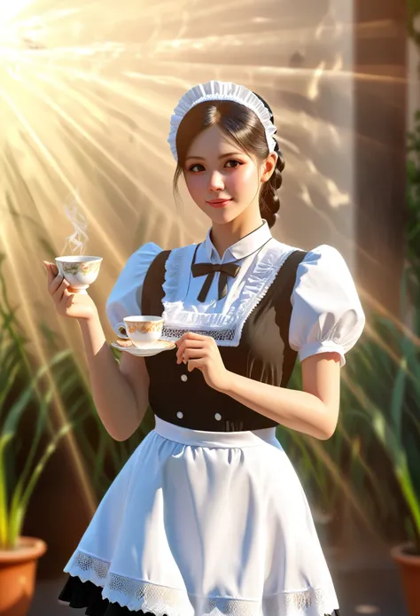 a beautiful maid girl, maid uniform, lace frills, holding a tea cup, sunlight,detailed background, (best quality,4k,8k,highres,masterpiece:1.2),ultra-detailed,(realistic,photorealistic,photo-realistic:1.37),intricate details,warm lighting,vibrant colors,el...