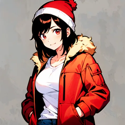 1girl, short messy brown hair, red eyes, medium breast, wide hips, red beanie, red parka jacket, white T-shirt, jeans, beautiful smile, ((hands on pockets pose)), ((solo)), ((best quality)), ((masterpiece)), portrait, looking at the camera, from the front,...