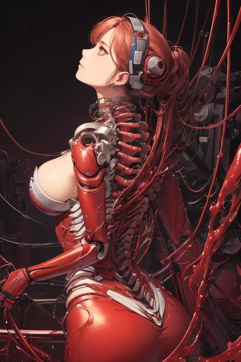 (((Masterpiece))), (((Best quality))), ((Ultra-detailed)), (CG illustration), ((An extremely delicate and beautiful)),(Look up to the side), (((Red flowing liquid background)))Cinematic light with strong contrast between light and dark, ((1 mechanical girl...