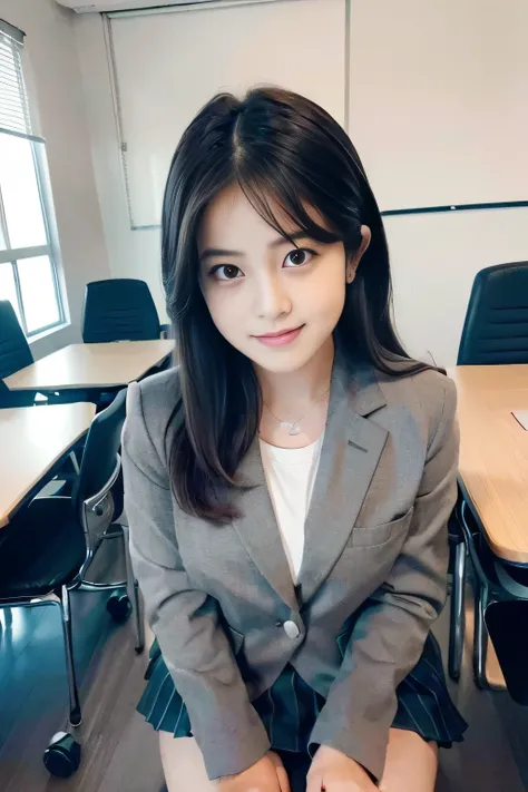 Anime, Realistic female anime style, (aegyo sal: 1), 18 years old girl, (Grey Blazer, tape, Foldable mini skirt, sox, Private School Uniforms: 1.2), Secondary Classroom, Beautiful details of the eye, (Eye size: 3/4) Facial light, ((fully body photo: 1.2)),...