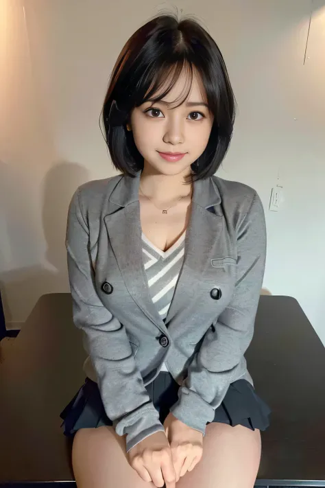 Anime, Realistic female anime style, (aegyo sal: 1), 18 years old girl, (Grey Blazer, tape, Foldable mini skirt, sox, Private School Uniforms: 1.2), Secondary Classroom, Beautiful details of the eye, (Eye size: 3/4) Facial light, ((fully body photo: 1.2)),...