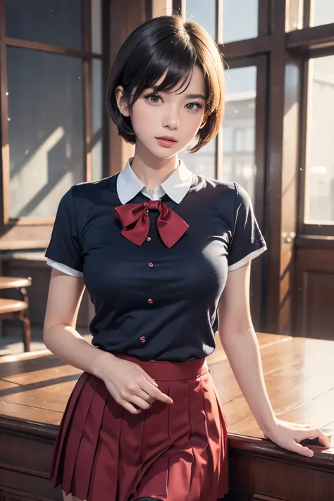 FANTASIA,REALISTA,DEUSA,MODELO,ROMANCE,FANTASTICO、((highest quality)), ((masterpiece)), ((Beauty))、（uniform）、Realistic photos with every detail、((school uniform))、short hair、Young face、Realistic Skin、Realistic Face、(Red pleated skirt)、Blur the background, ...