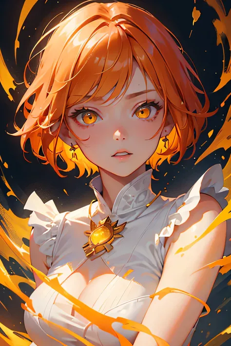 masterpiece, highest quality, so beautiful、Latest、Orange Hair, short hair, ((Glowing yellow eyes))、I want to liven things up、Adult woman wearing a white dress、Face close-up、Bullish expression、Mature and cool