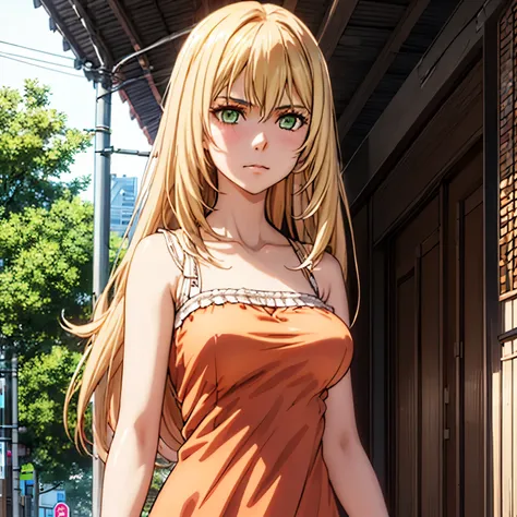 ((((solo)))), 1 girl, teenager, beautiful girl, sharp eyes, long blonde hair, green eyes, arrogant smile, japanese city, orange dress, very big breasts,