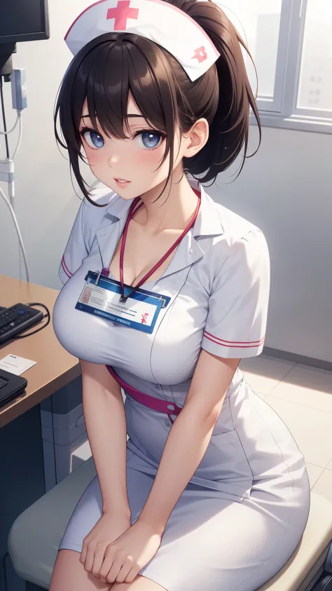 1girl, natural lighting, masterpiece, highly detailed, illustration, game CG, absurdres, high quality, aichan, (large breasts), beautiful detailed eyes, short hair, ponytail, light curled hair, bangs, glossy lips, lips parted, collarbone, nurse office, hos...