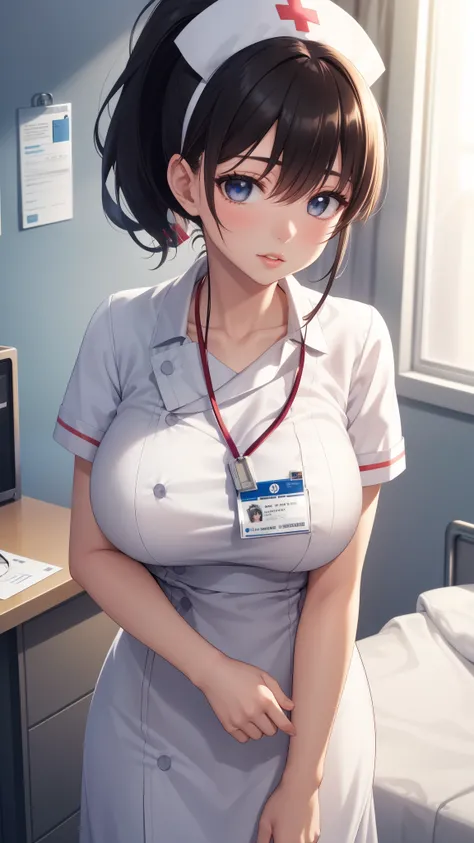 1girl, natural lighting, masterpiece, highly detailed, illustration, game CG, absurdres, high quality, aichan, (large breasts), beautiful detailed eyes, short hair, ponytail, light curled hair, bangs, glossy lips, lips parted, collarbone, nurse office, hos...